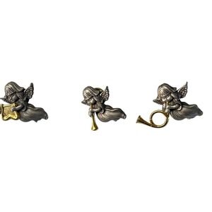 Angel Pin Brooch Set of 3 Harp Trumpet‎ Horn Pewter Tone Vintage Religious